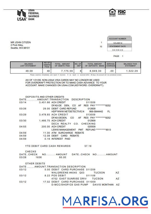 Printable USA USAA bank statement word 5 pages real example